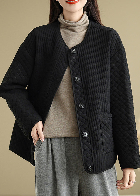Black Pockets Button Fine Cotton Filled Coat O Neck Spring