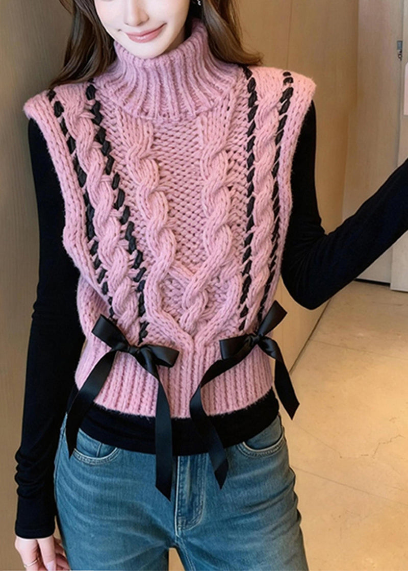 Pink Turtle Neck Bow Warm Knit Vest Winter
