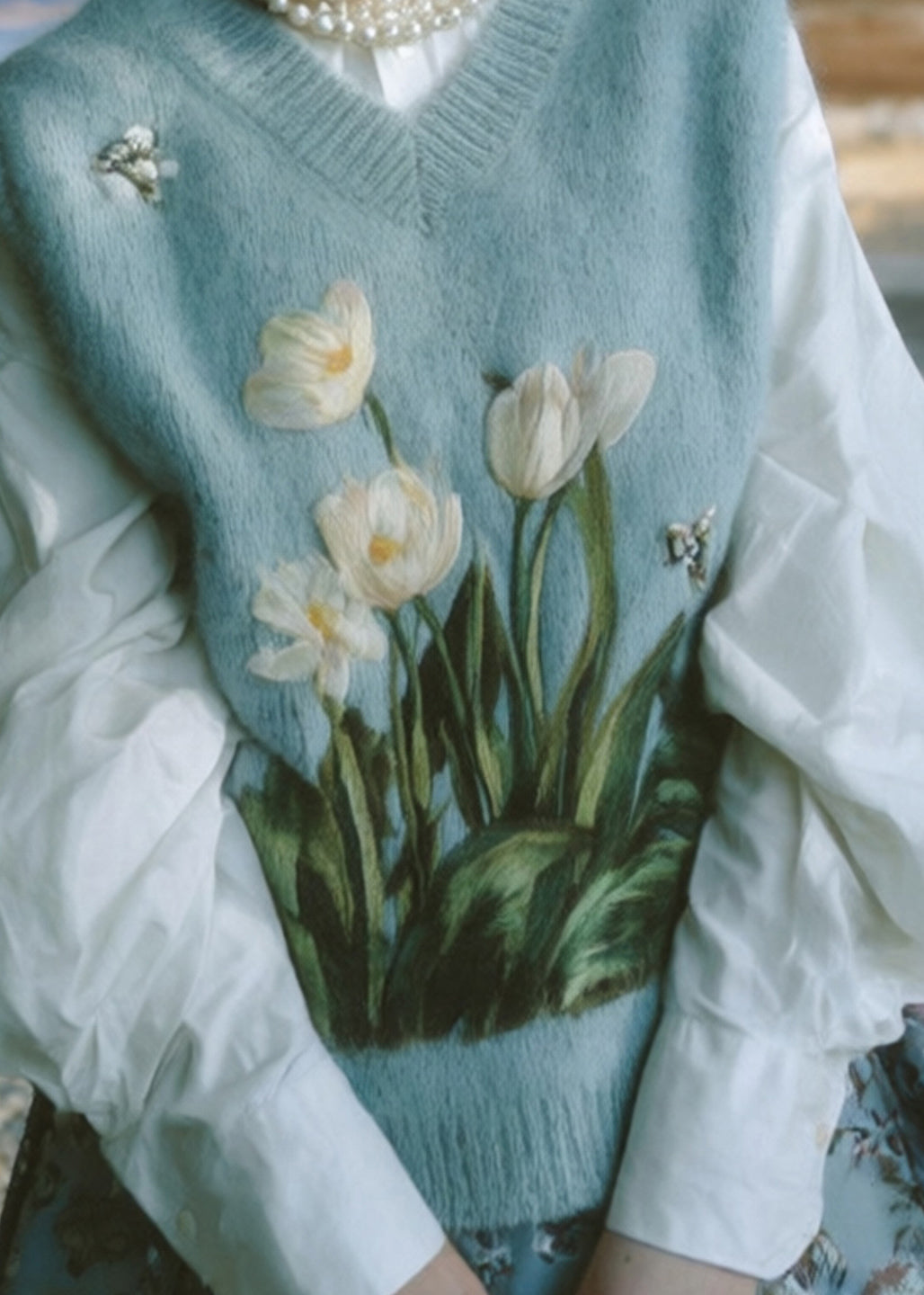 Blue V Neck Embroidered Knit Vest Sleeveless