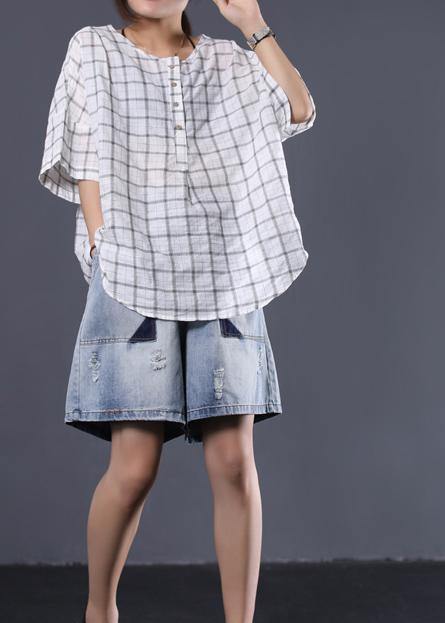 White Plaid Linen Tunic Cotton O Neck Summer Shirt