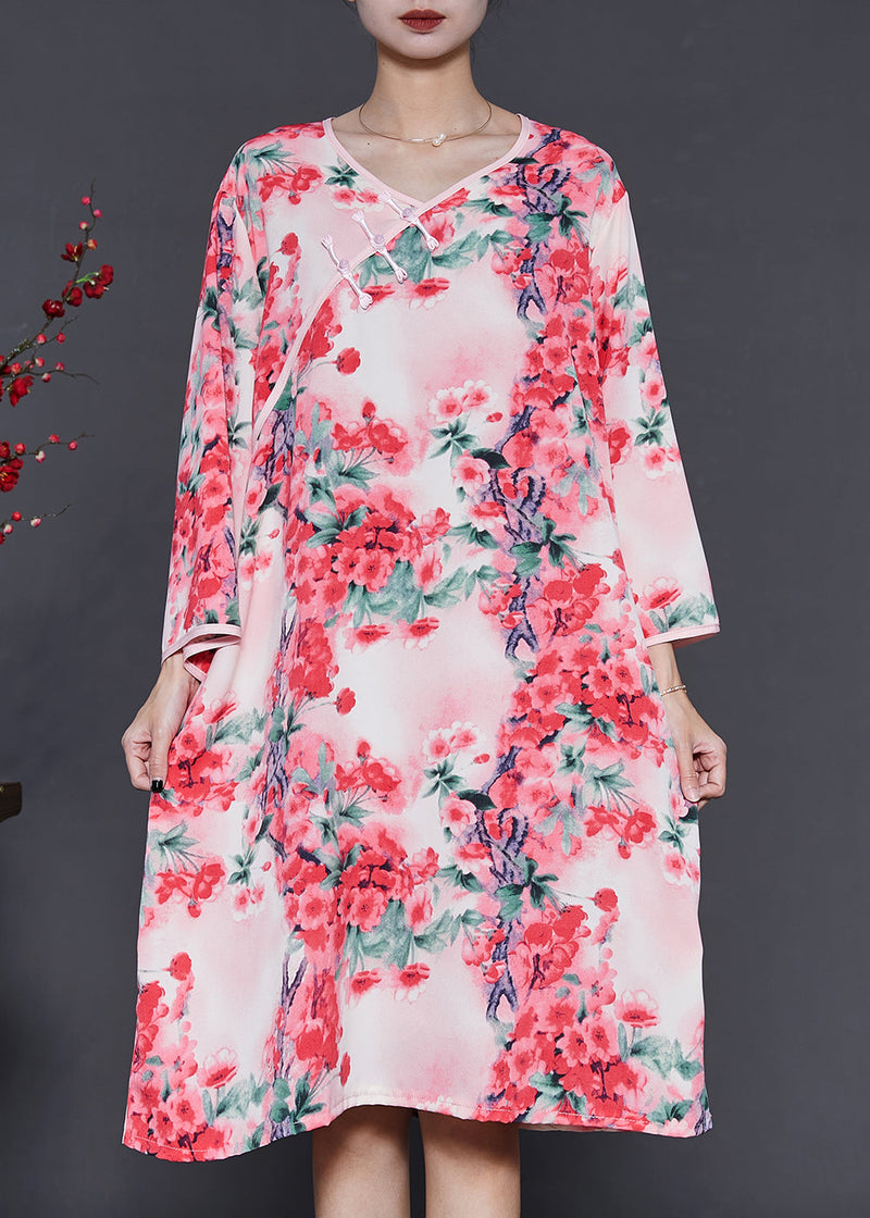 Pink Plum Blossom Print Cotton Dress Summer