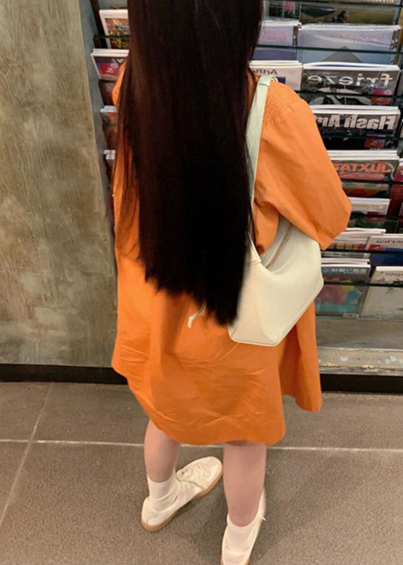Orange Peter Pan Collar Wrinkled Cotton Shirts Dresses Lantern Sleeve