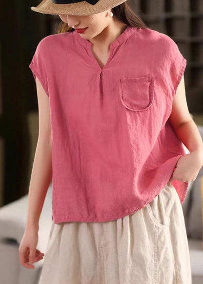 Rose V Neck Pocket Linen Tops Summer