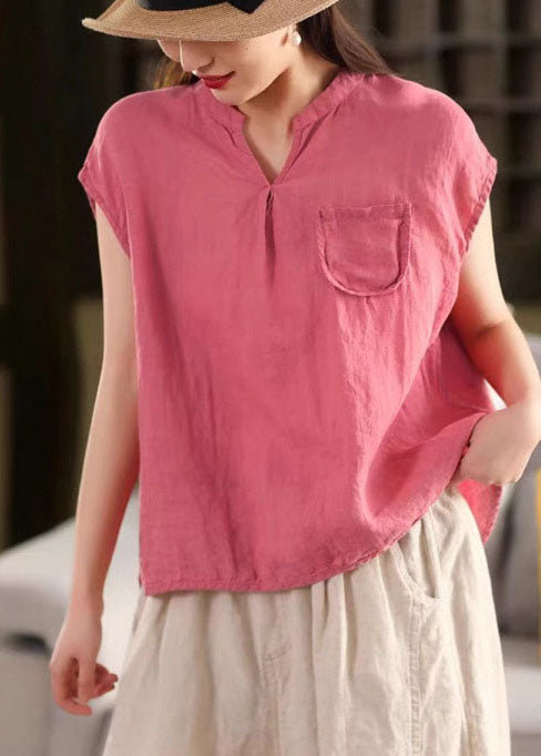 Rose V Neck Pocket Linen Tops Summer