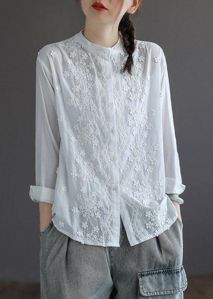 White Stand Collar Embroidered Button Cotton Shirt Long Sleeve