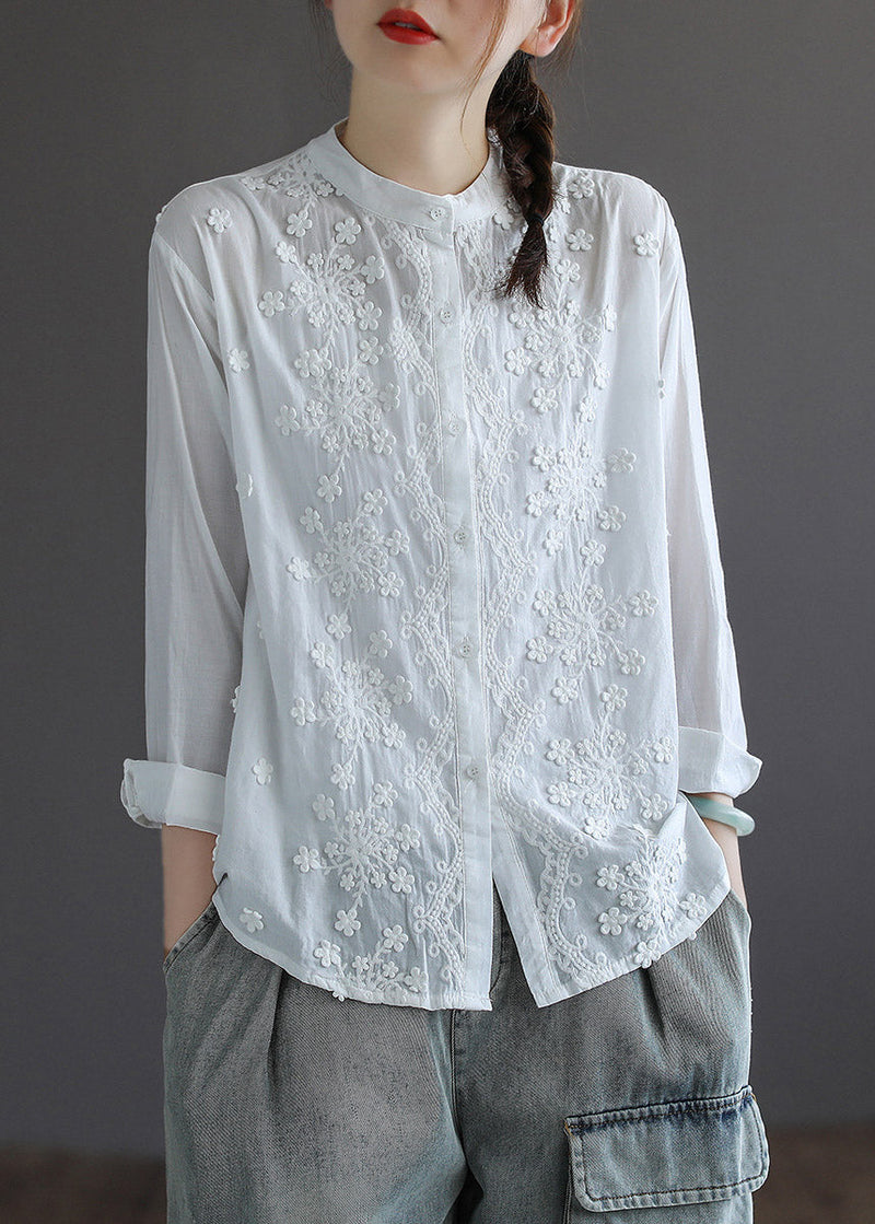 White Stand Collar Embroidered Button Cotton Shirt Long Sleeve