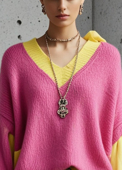 Pink Oversized Patchwork Knit Sweater Tops Fall