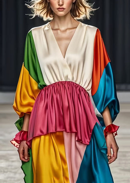 Colorblock V Neck Patchwork Silk Tea Dresses Spring