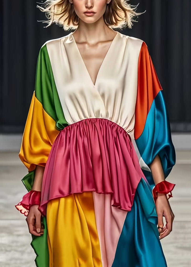 Colorblock V Neck Patchwork Silk Tea Dresses Spring