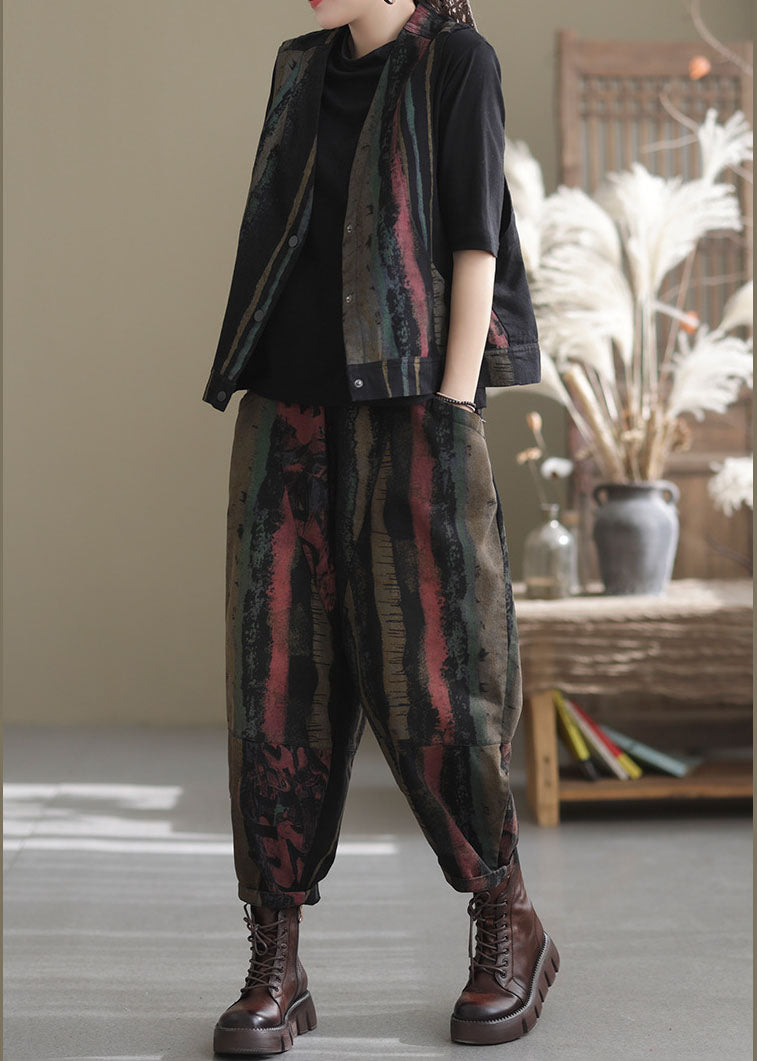 Black Print Vest Harem Pants Two Pieces Set Spring