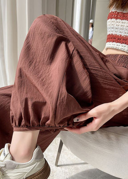 Brick Red Pockets Cotton Summer Crop Pants Elastic Waist