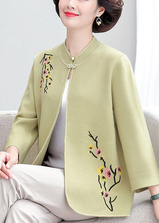 Light Green Stand Collar Embroideried Woolen Loose Cardigan Fall
