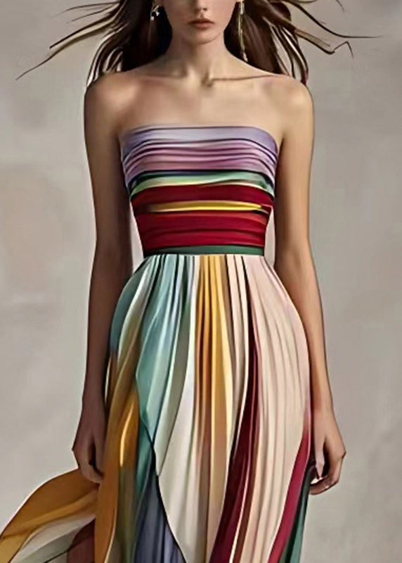 Striped Cold Shoulder Wrinkled Long Dress Sleeveless