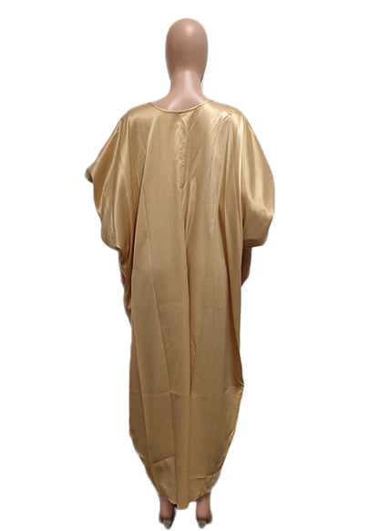 Gold Puff Sleeve Front Open Silk Long Dress