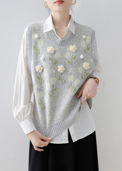 Handmade Light Grey O Neck Knit Vest Sleeveless