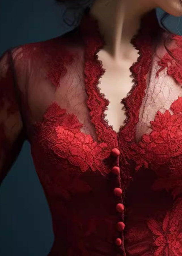 Original Design Red V Neck Slim Fit Lace Top Fall