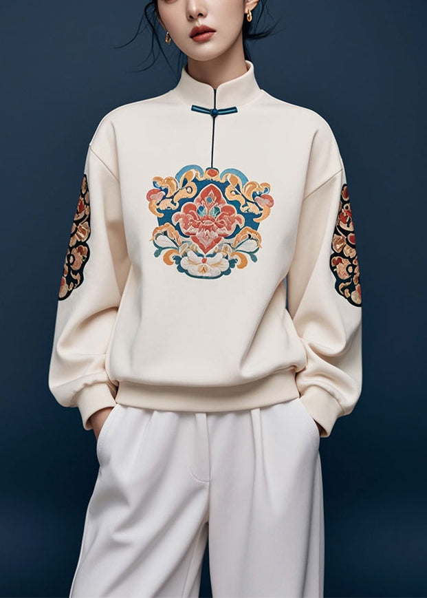 Apricot Stand Collar Print Cotton Pullover Sweatshirt Fall