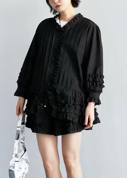 French White Ruffled Shirt and Shorts Cotton Two Piece Set Fall