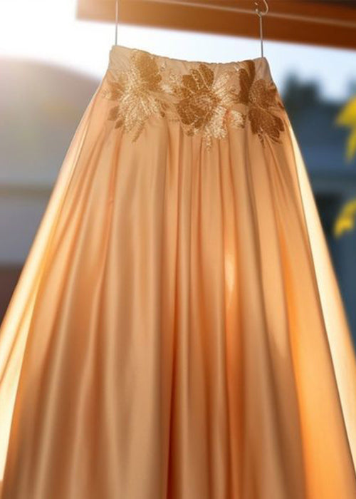 Champagne Gold Embroidered High Waist Cotton Skirts Summer