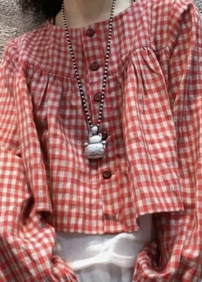 Red Plaid O-neck Button Cotton Shirt Top Long Sleeve