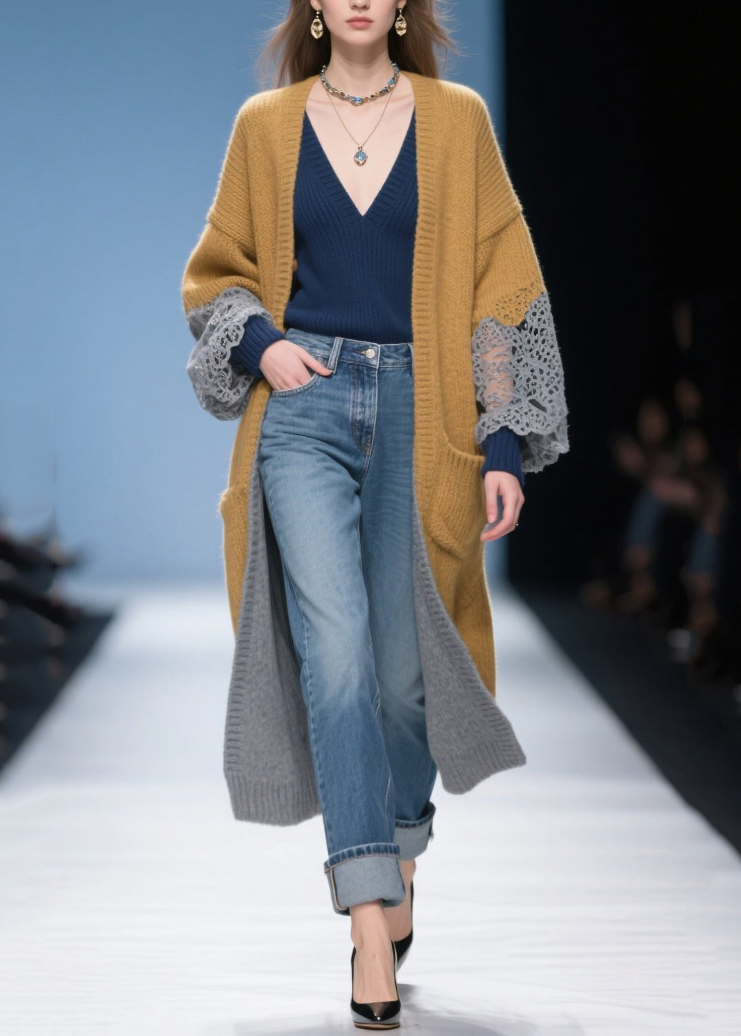 Khaki Oversized Patchwork Lace Long Cardigans Winter