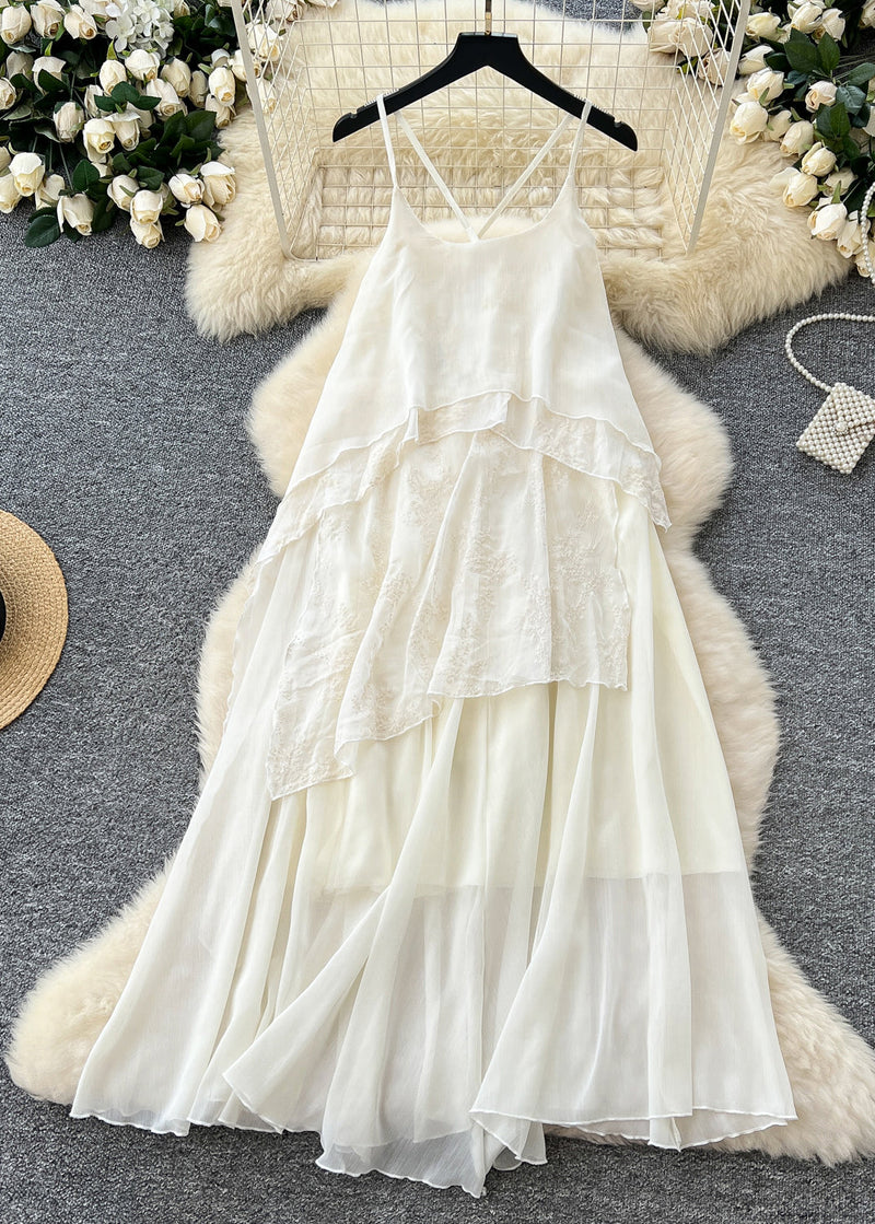 White Patchwork Lace Spaghetti Strap Dress Summer