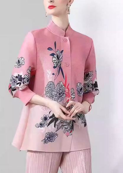 Pink Stand Collar Print Button Silk Coats Fall