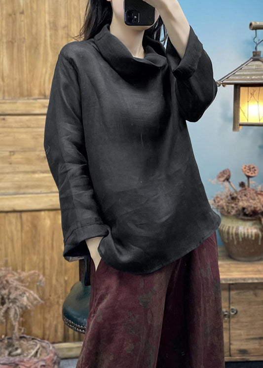 Simple Black Turtleneck Cotton Top Spring
