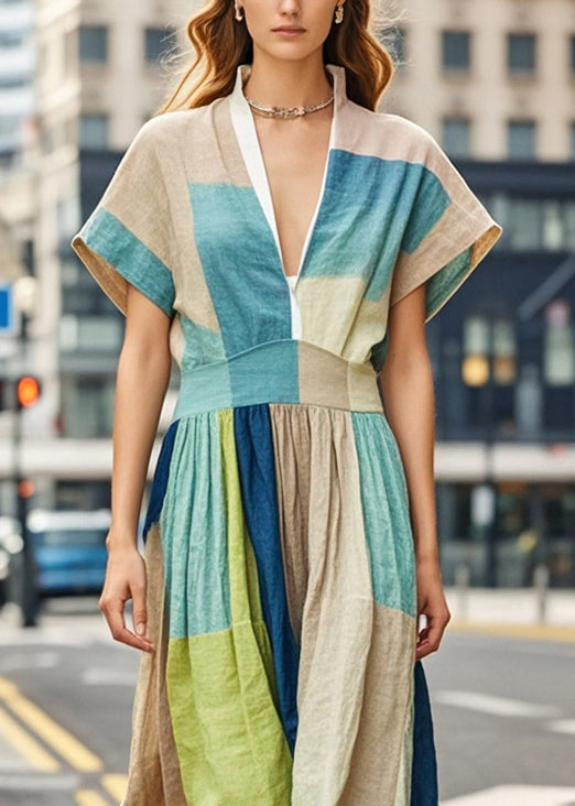 Khaki V Neck Print Cotton Robe Dresses Summer