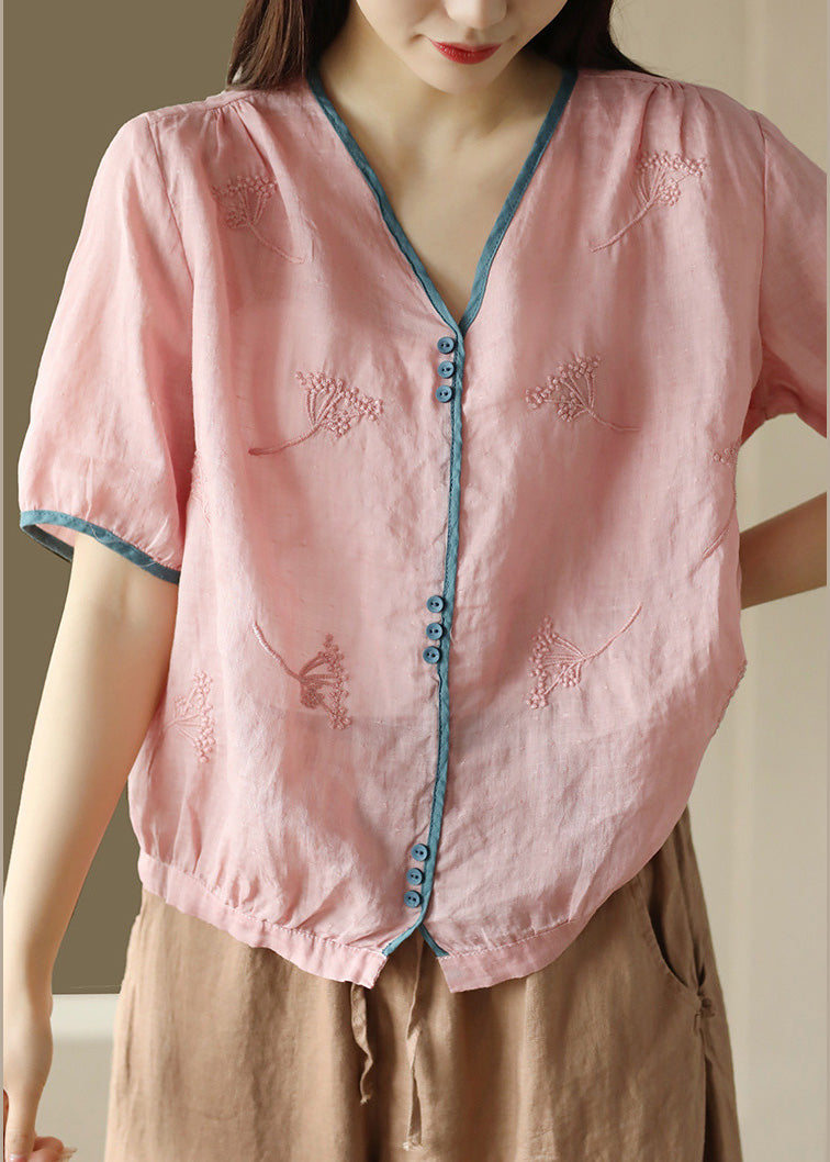 Pink Embroidered Patchwork Ramie Shirts Short Sleeve