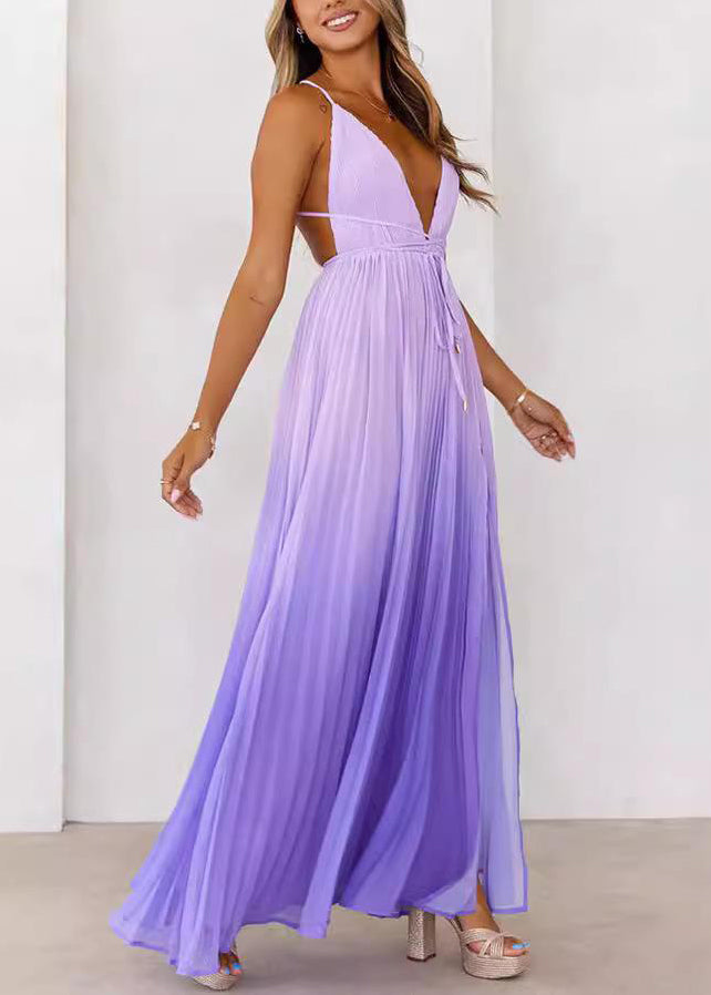 Red Gradient Backless Chiffon Spaghetti Strap Dress Summer