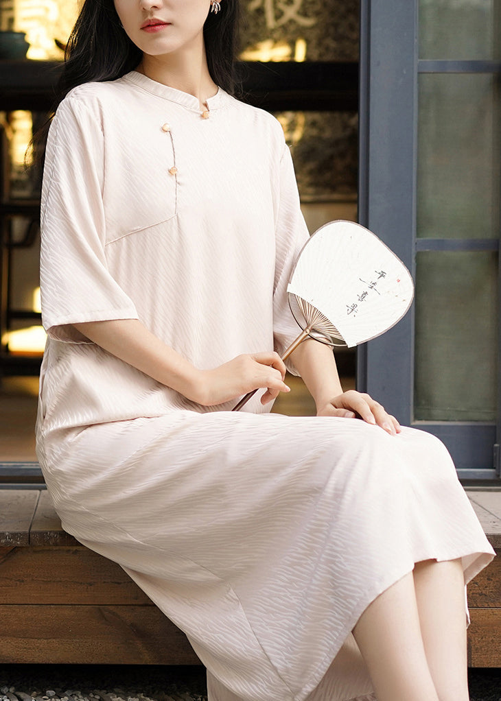 Boutique Beige Stand Collar Cotton Long Dresses Bracelet Sleeve