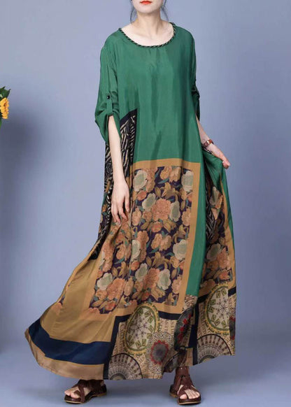 Green Print Pockets Silk Maxi Dresses Spring