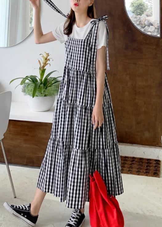 Diy Plaid Cotton Linen Robes Patchwork Pockets Loose Dress