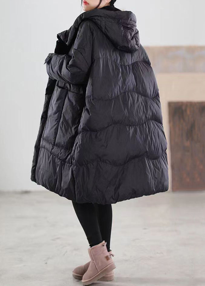 Black Hooded Pockets Patchwork Duck Down Coat Winter