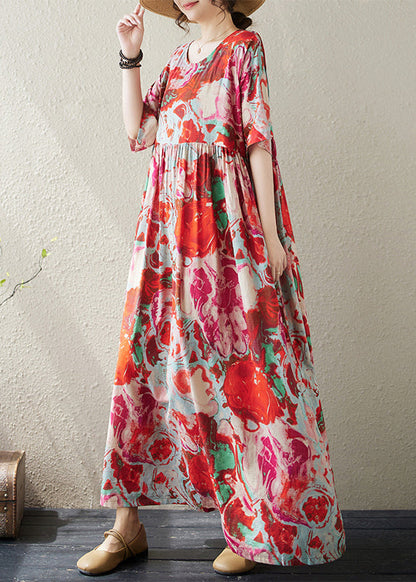 Red O Neck Print Wrinkled Cotton Vacation Dresses Summer