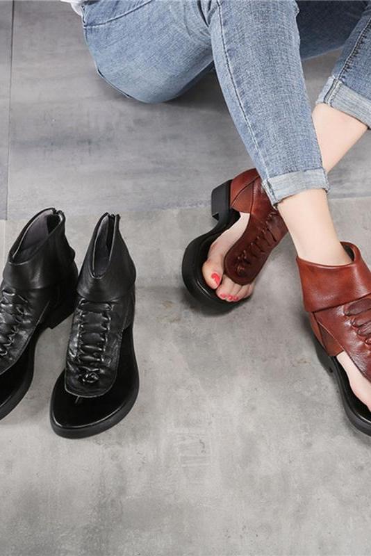 Soft Leather Low Heels Brand Summer Shoes Genuine Leather Sandals Handmade Rome Shoe
