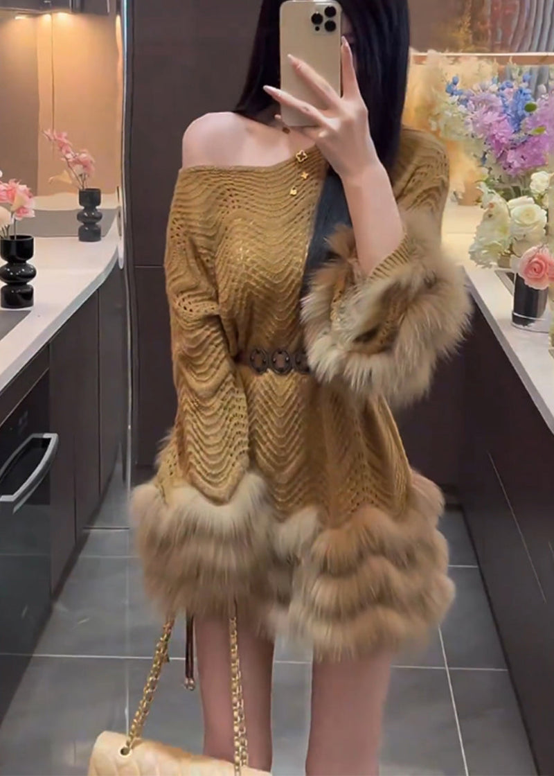 Brown Cold Shoulder Patchwork Faux Fur Sweater Dress Spring