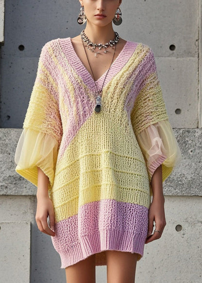 Yellow Oversized Patchwork Tulle Sweater Dress Fall