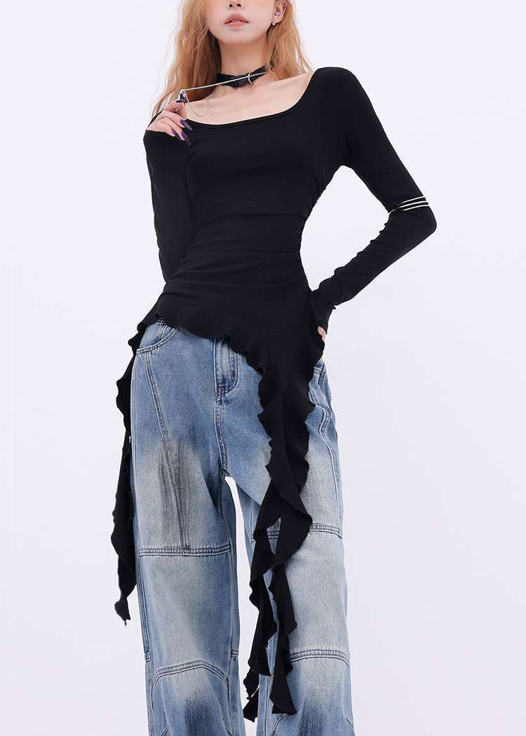 New Black Asymmetrical Cotton T Shirts Spring