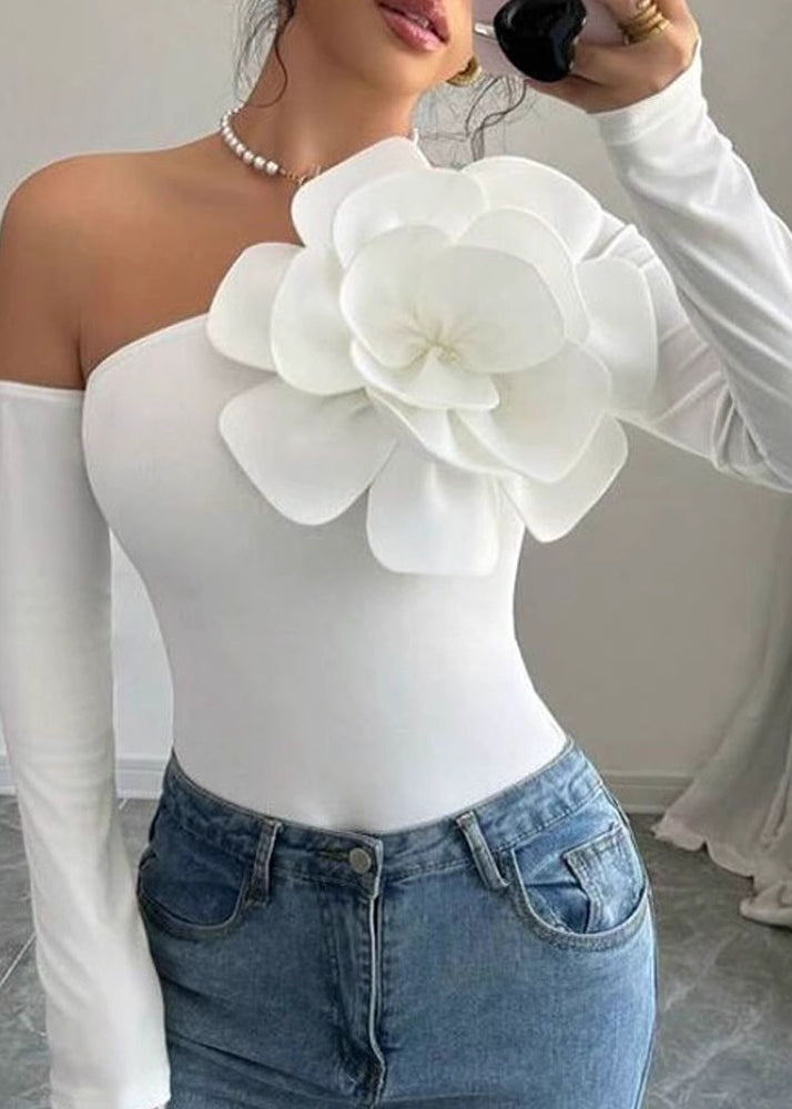 French White Cold Shoulder Cotton Top Long Sleeve