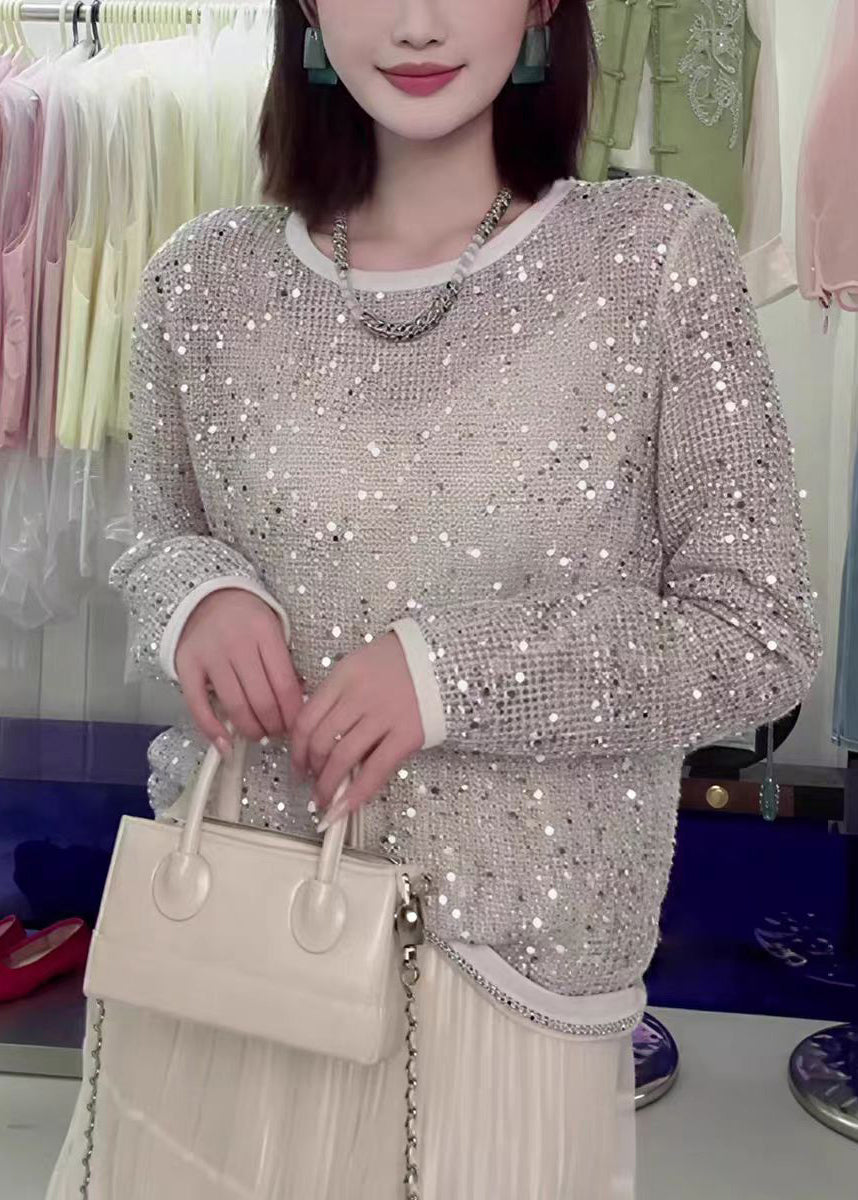 O-neck Sequins Hollow Out Knit Top Fall