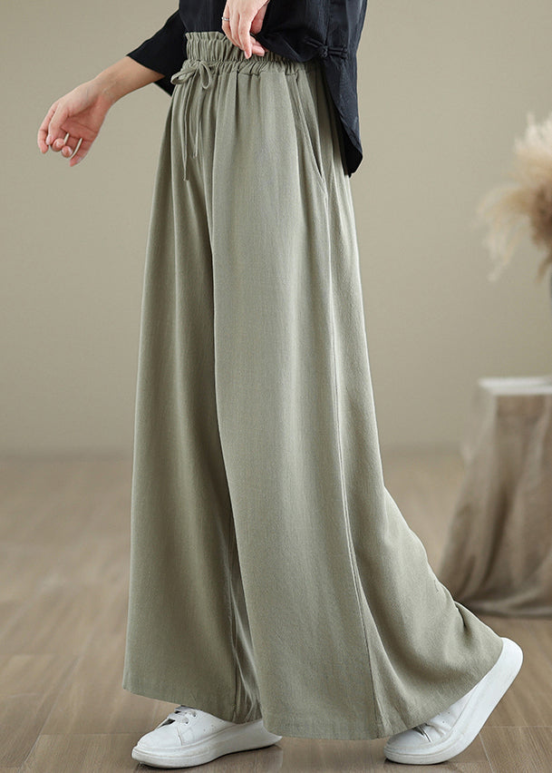 Light Green Pockets Elastic Waist Cotton Pants Fall