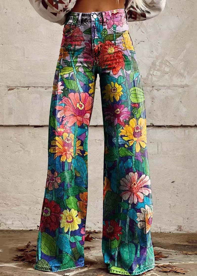 Blue Print Pockets Denim Wide Leg Pants Spring