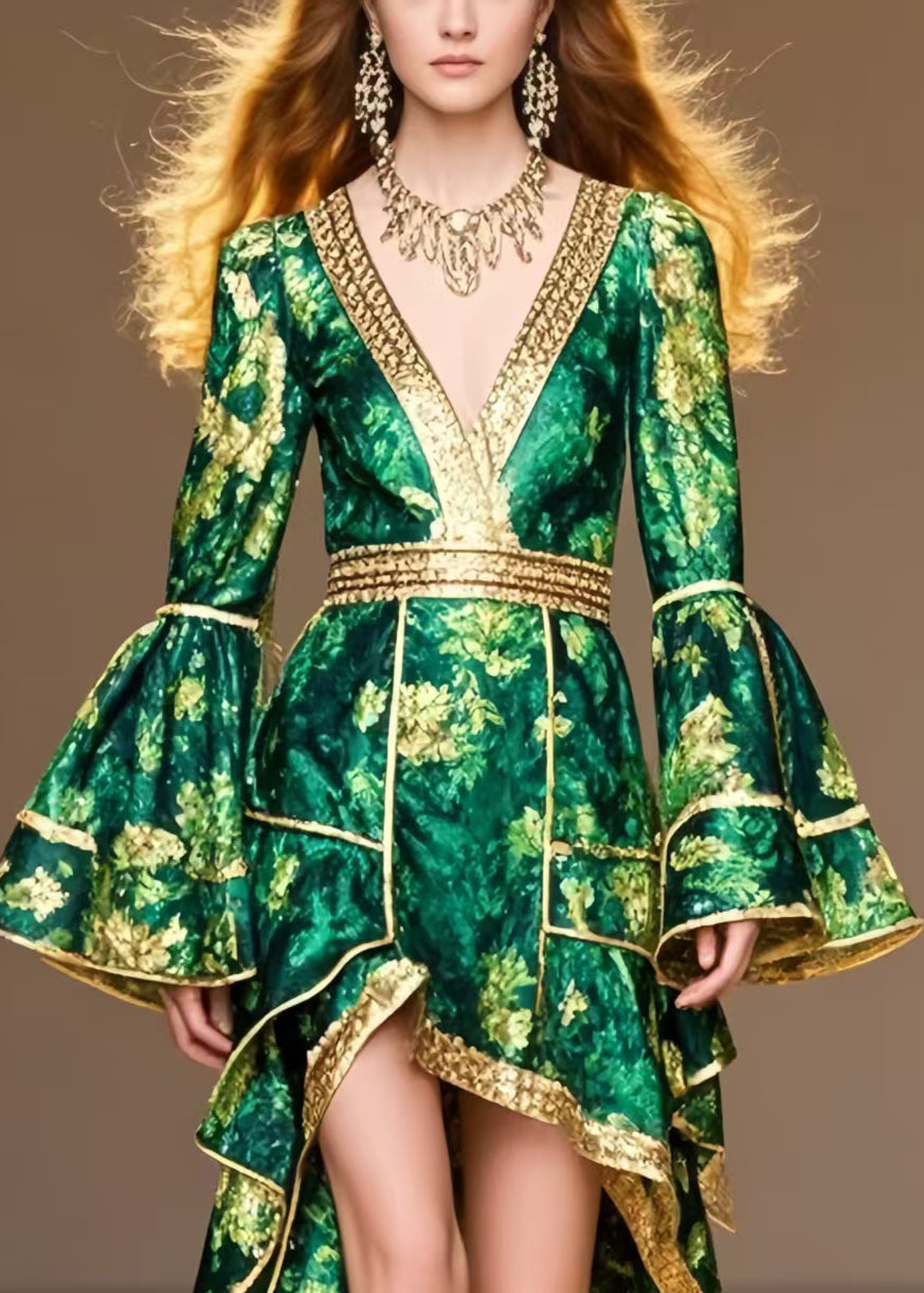 Style Tea Green Print Low High Design Spandex Party Dress Flare Sleeve