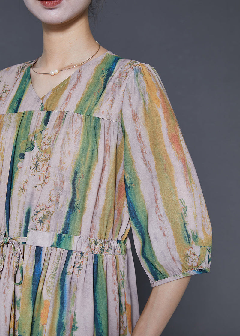 Khaki Cinched Print Silk Dress Summer