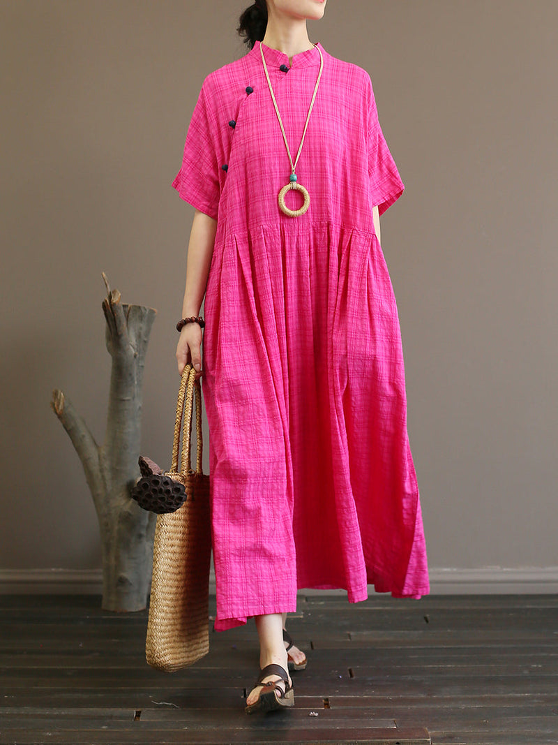 Pleated Plaid Chinese Style Dress