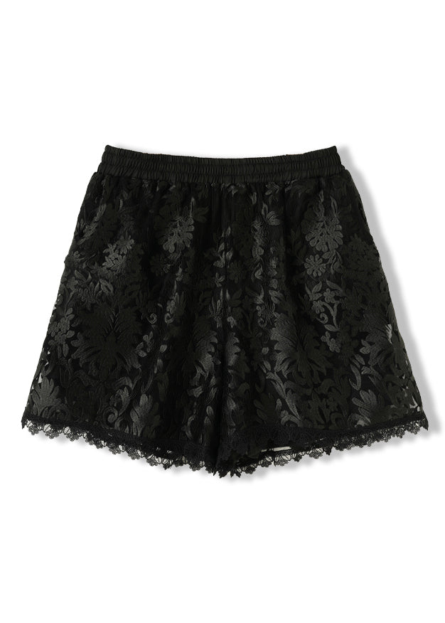 Black Embroidered Pockets Elastic Waist Lace Shorts Summer