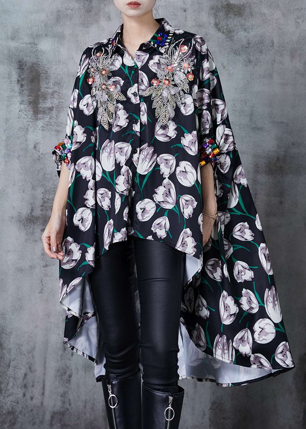 Diy Black Sequins Print Low High Design Cotton Shirt Tops Fall
