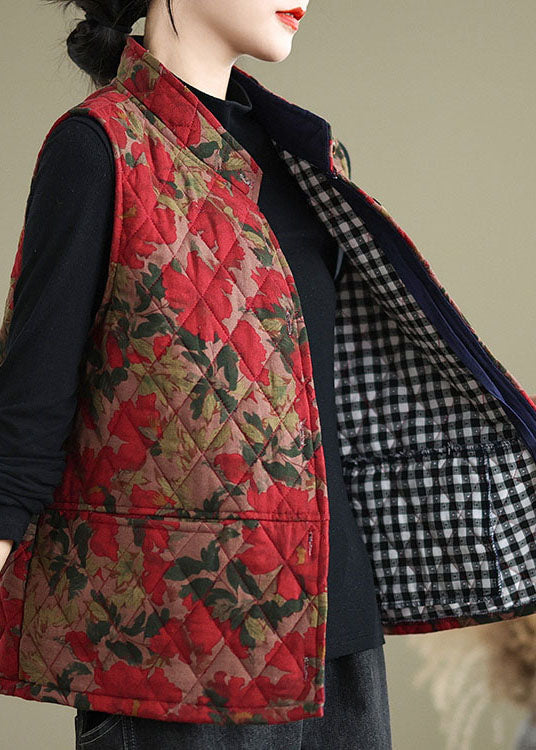 Red Print Pockets Fine Cotton Filled Vest Sleeveless
